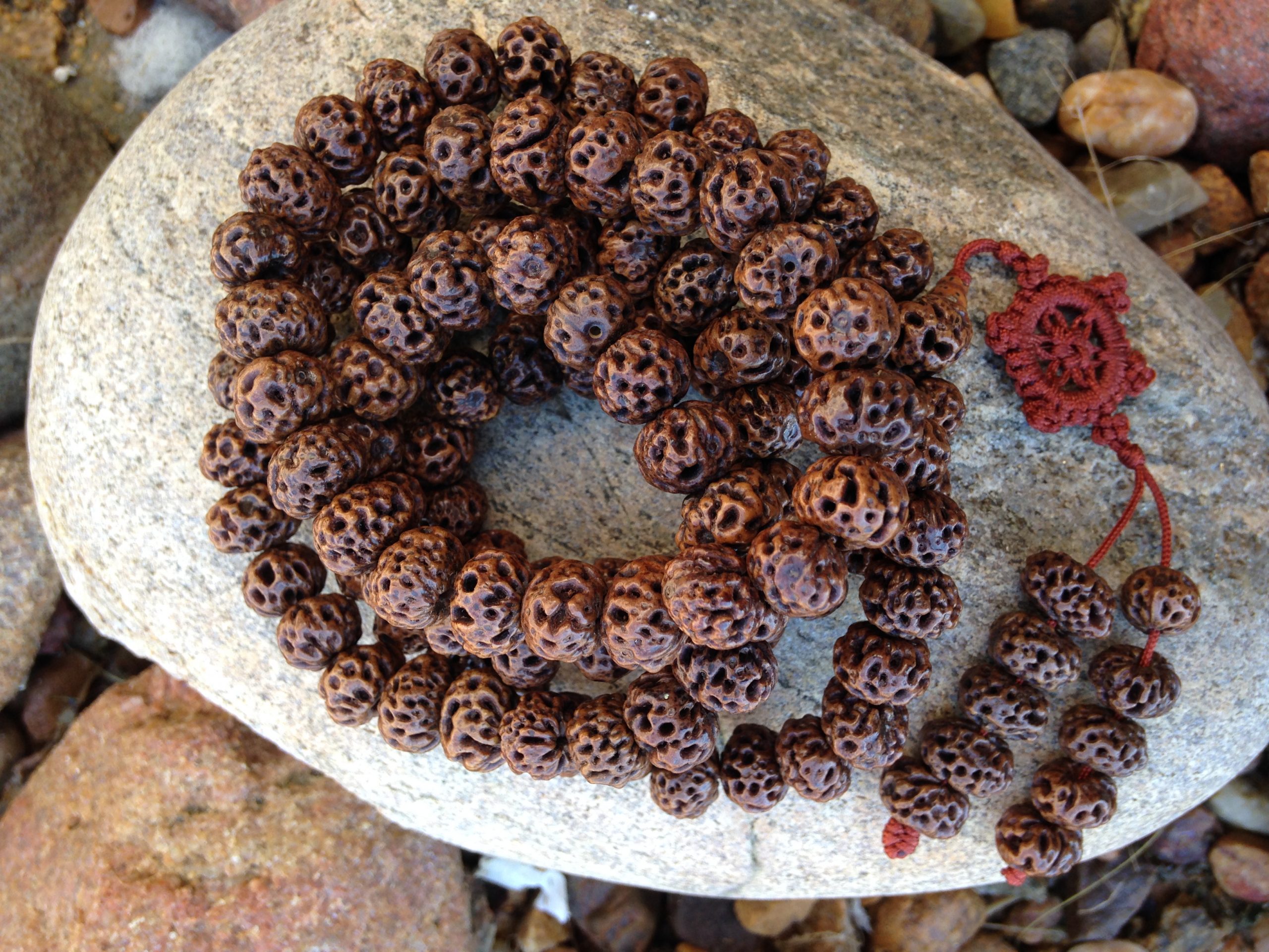 Unpolished Bodhi Seed Mala with red cord