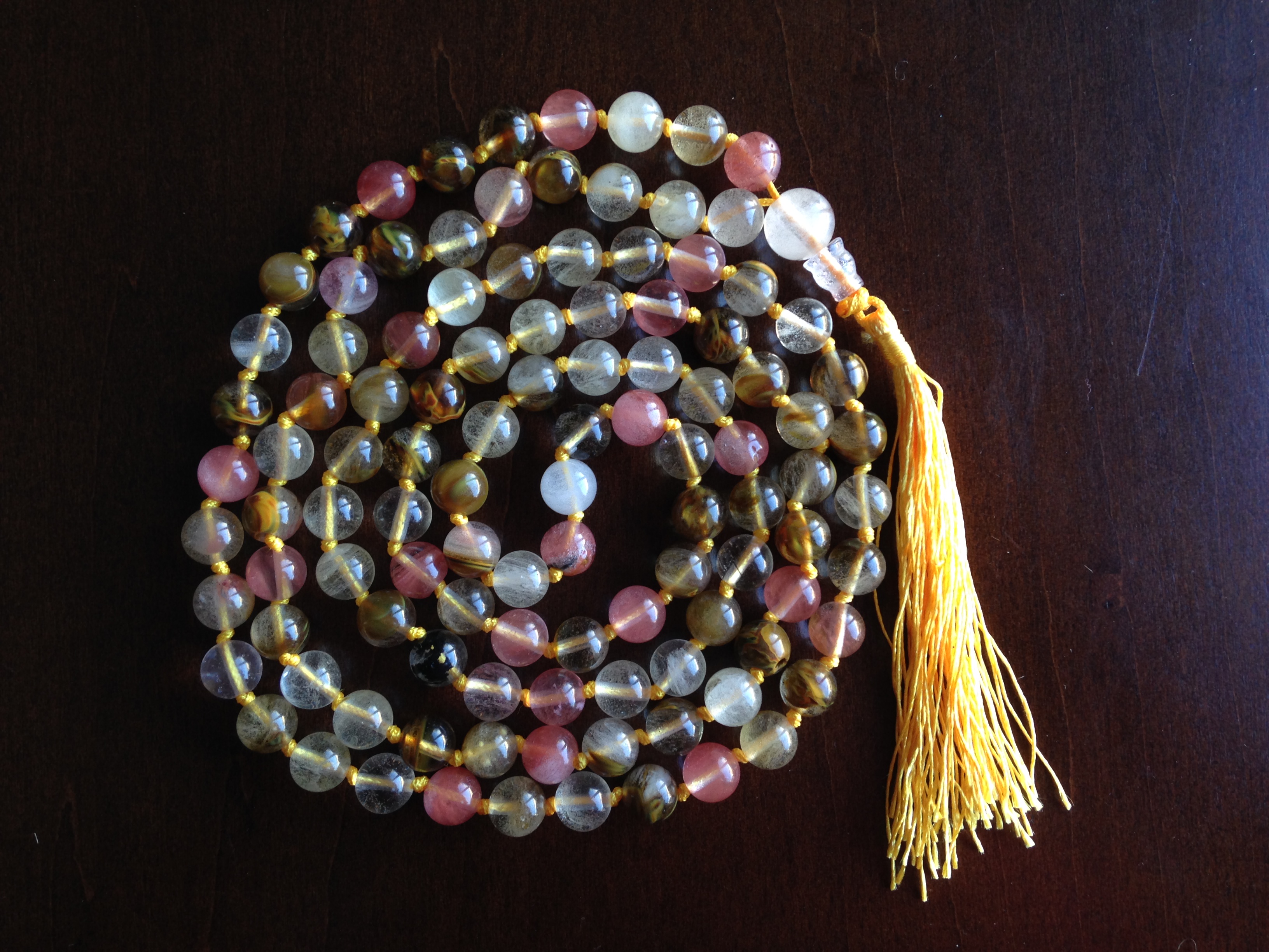 Fluorite Gem Stone Knotted Prayer Mala with Yellow Silk Tassel ...