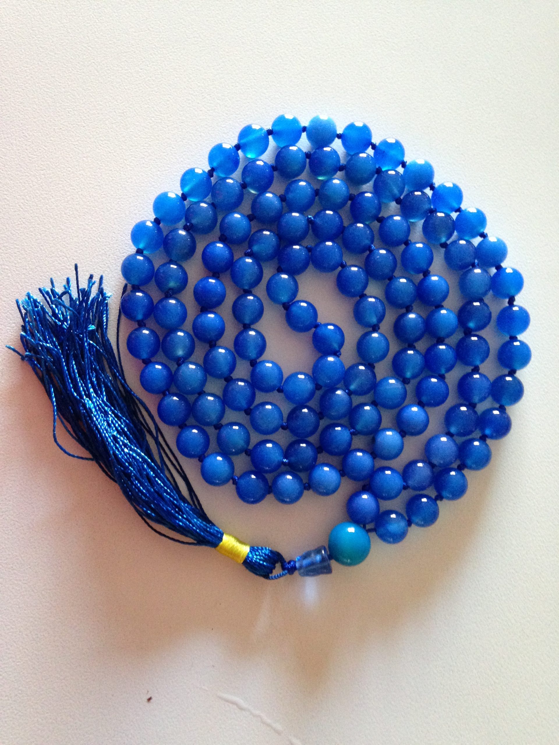 Blue Agate Gem Stone Knotted Prayer Mala with Blue Silk Tassel ...